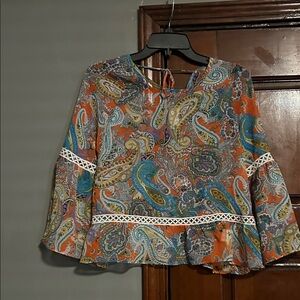 Paisley Print Bell Sleeve Top - Orange/Multicolor
